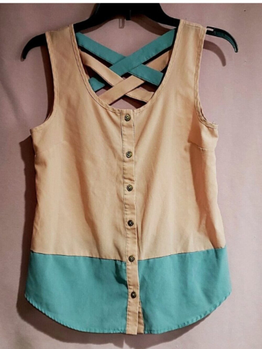 MINE Brand Junior Button Front Sleeveless Top Criss-Cross Back Orange Green SM